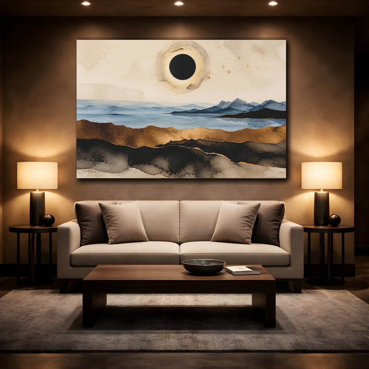 Mockup 2. Modern Black Sun Eclipse shown as canvas print