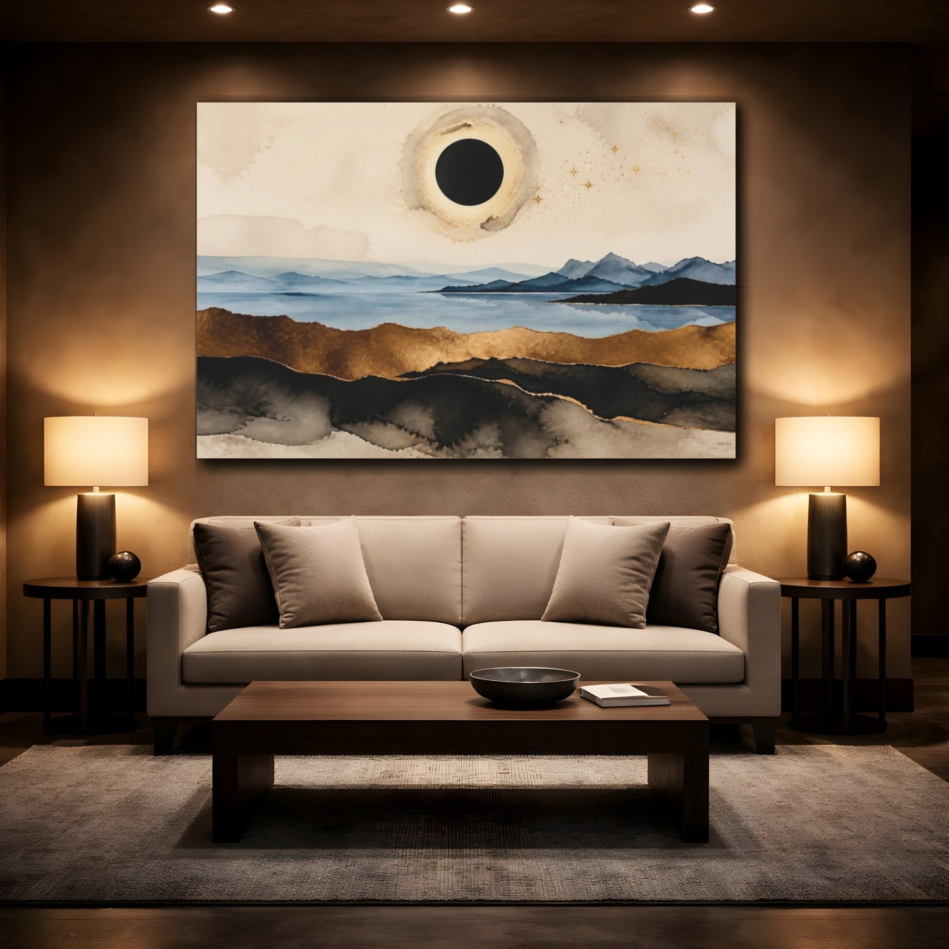 Mockup 2. Modern Black Sun Eclipse shown as canvas print