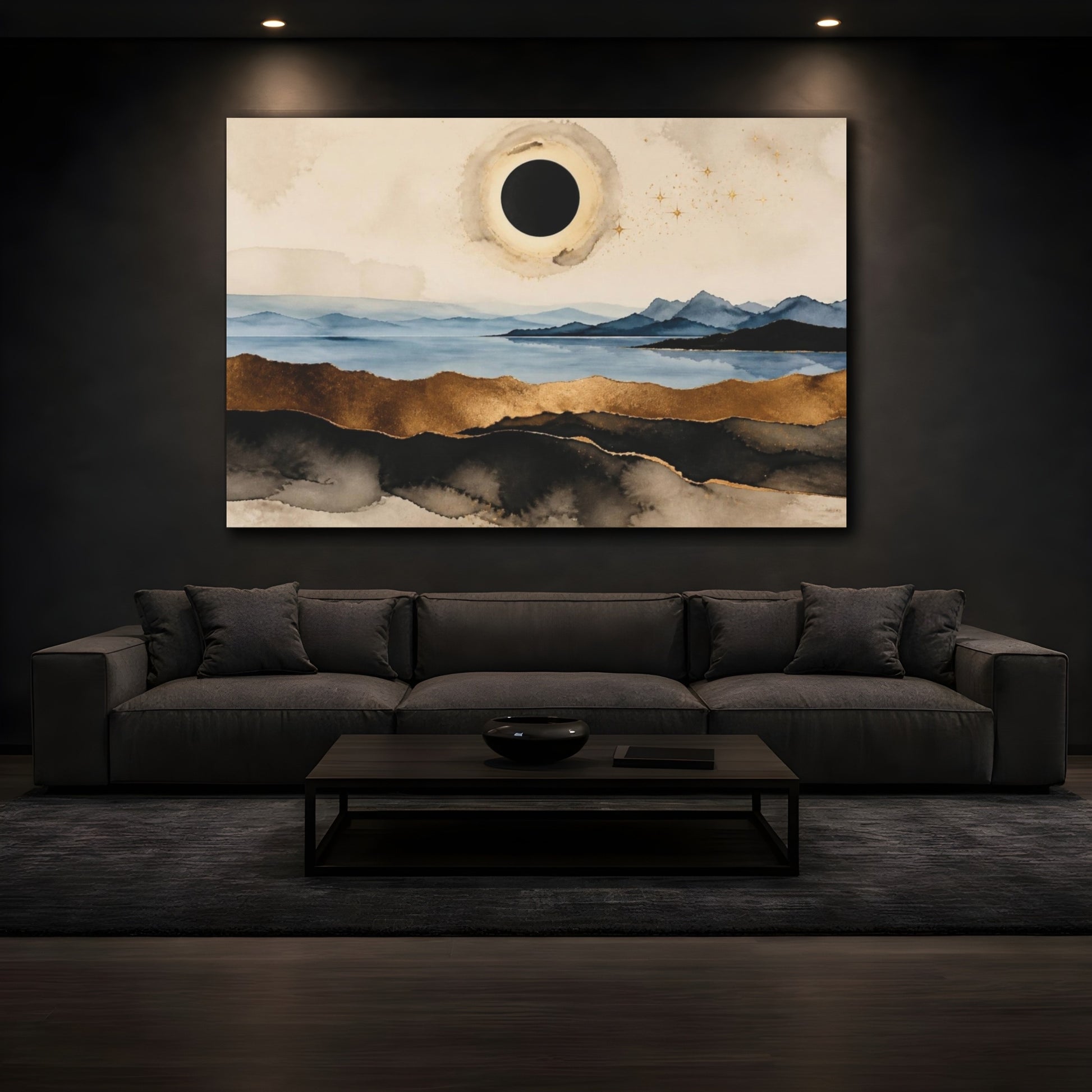 Mockup 3. Modern Black Sun Eclipse shown as canvas print