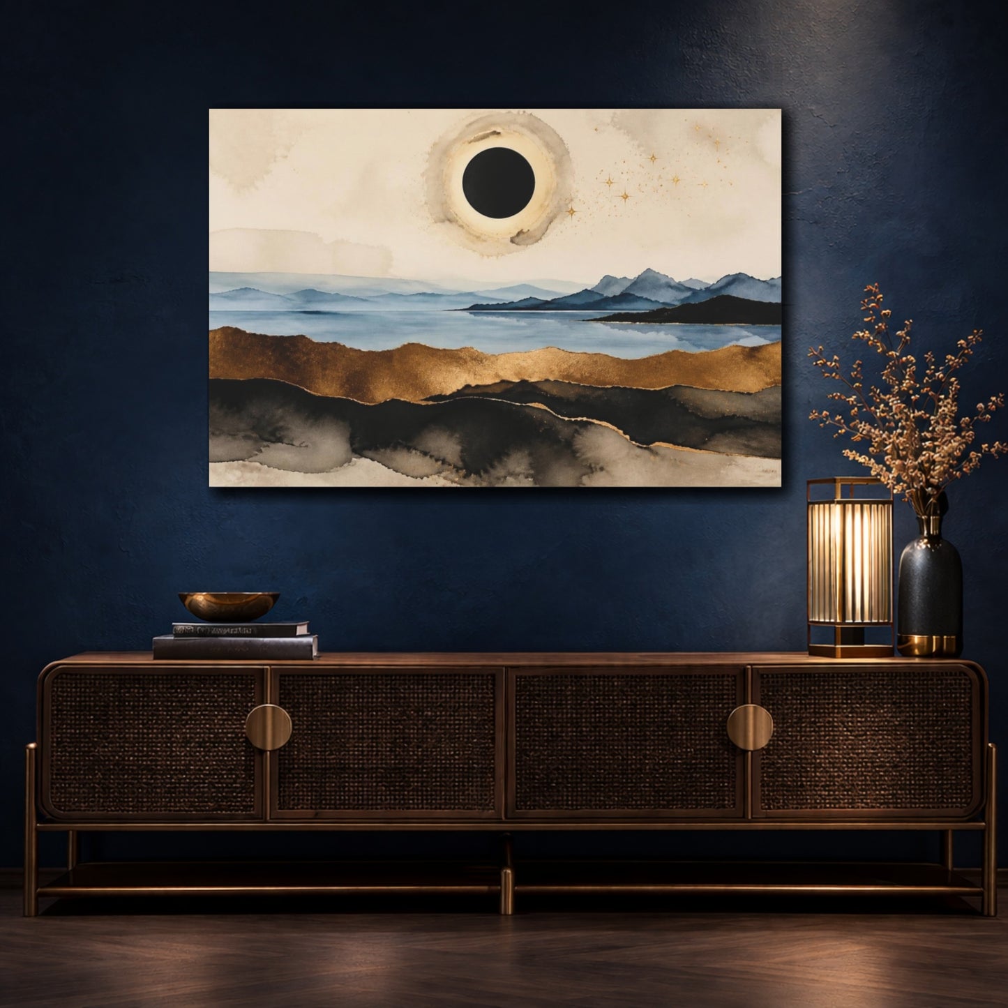 Mockup 4. Modern Black Sun Eclipse shown as canvas print