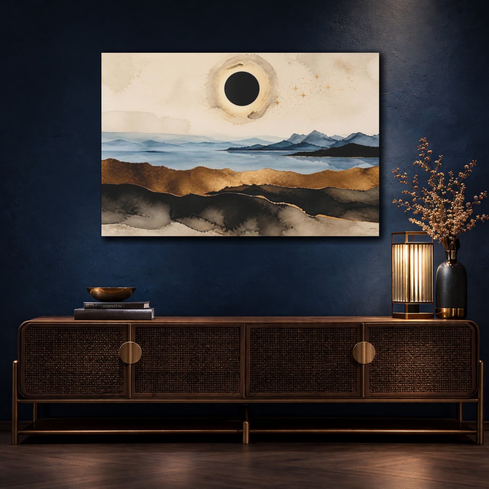Mockup 4. Modern Black Sun Eclipse shown as canvas print