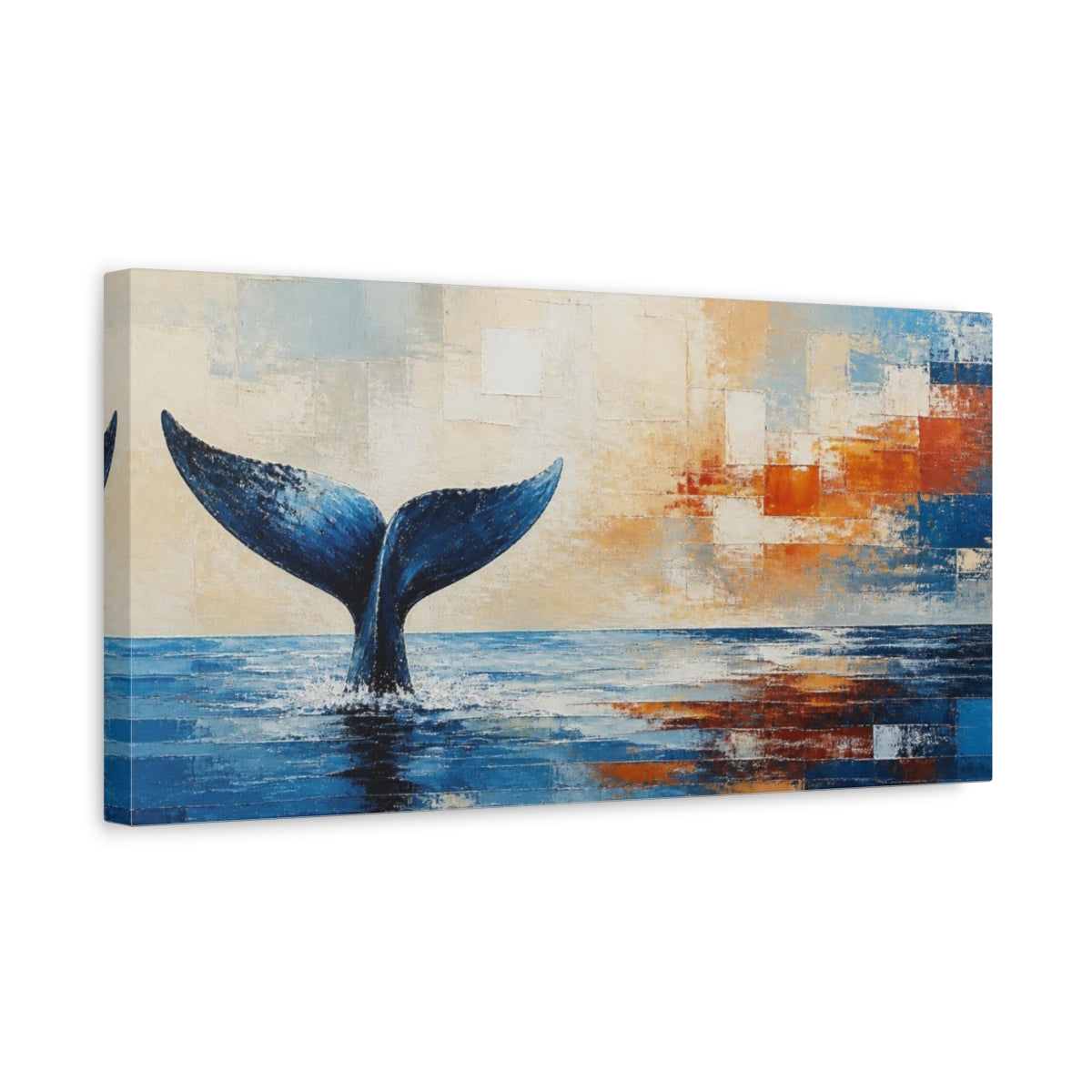 Side Mockup 3. Modern Blue Whale Tail shown as canvas print