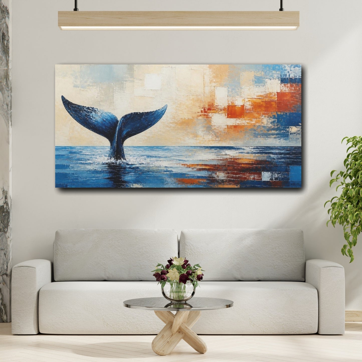 Mockup 2. Modern Blue Whale Tail shown as canvas print