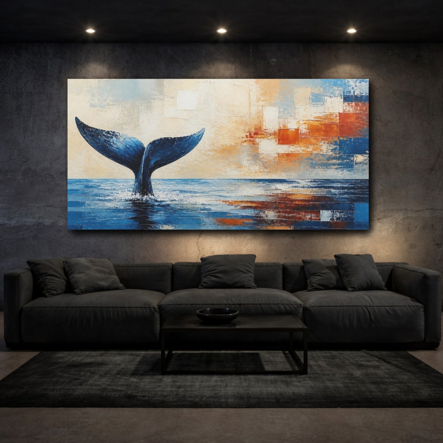 Mockup 3. Modern Blue Whale Tail shown as canvas print