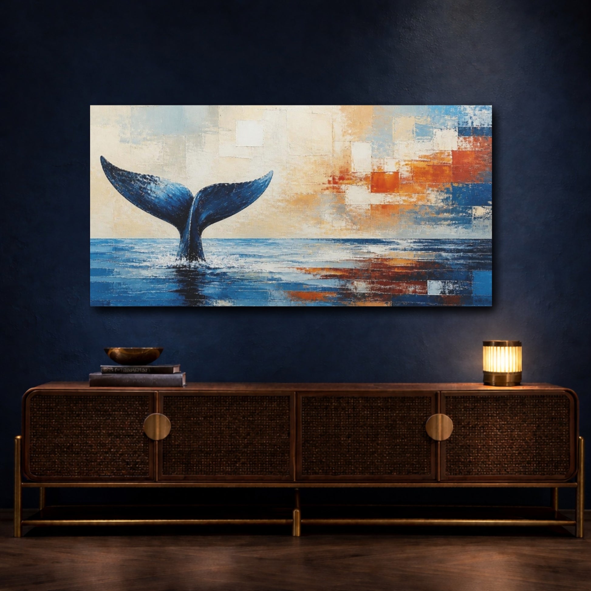 Mockup 4. Modern Blue Whale Tail shown as canvas print