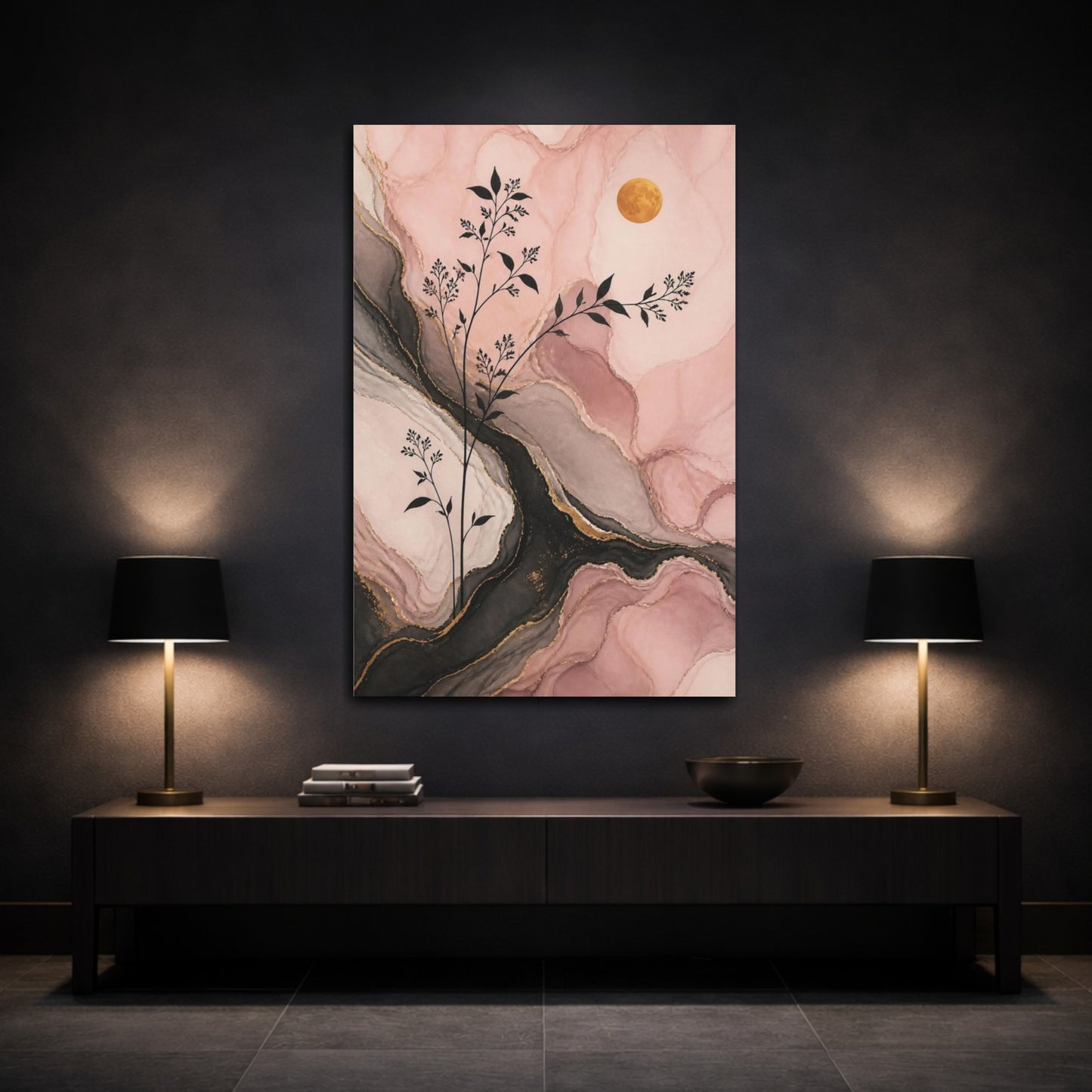Mockup 3. Modern Blush Botanical Moon shown as canvas print