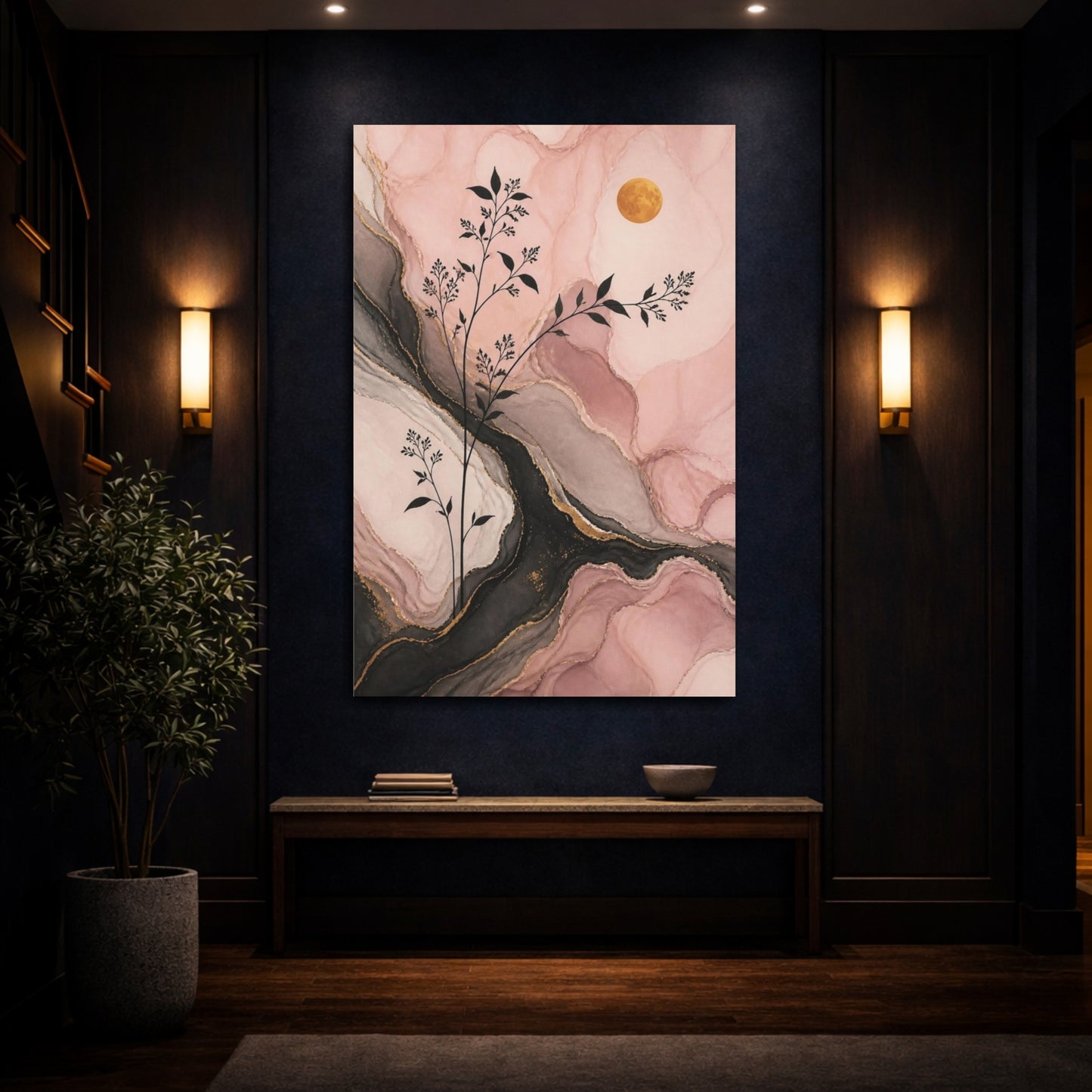 Mockup 4. Modern Blush Botanical Moon shown as canvas print