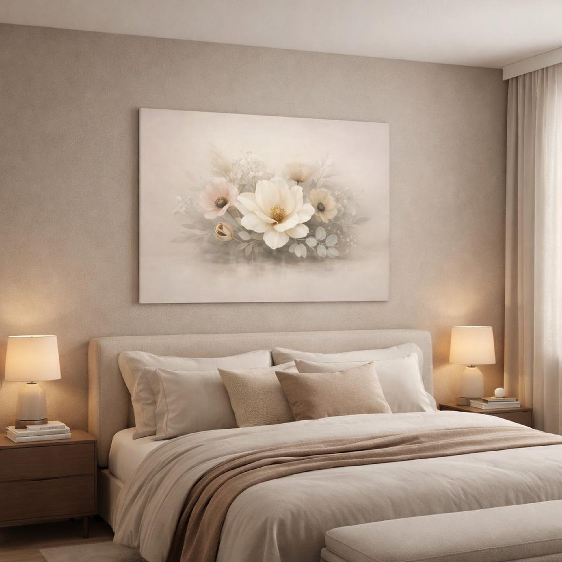 Modern Botanical Neutral shown as canvas wall art in a luxury bedroom