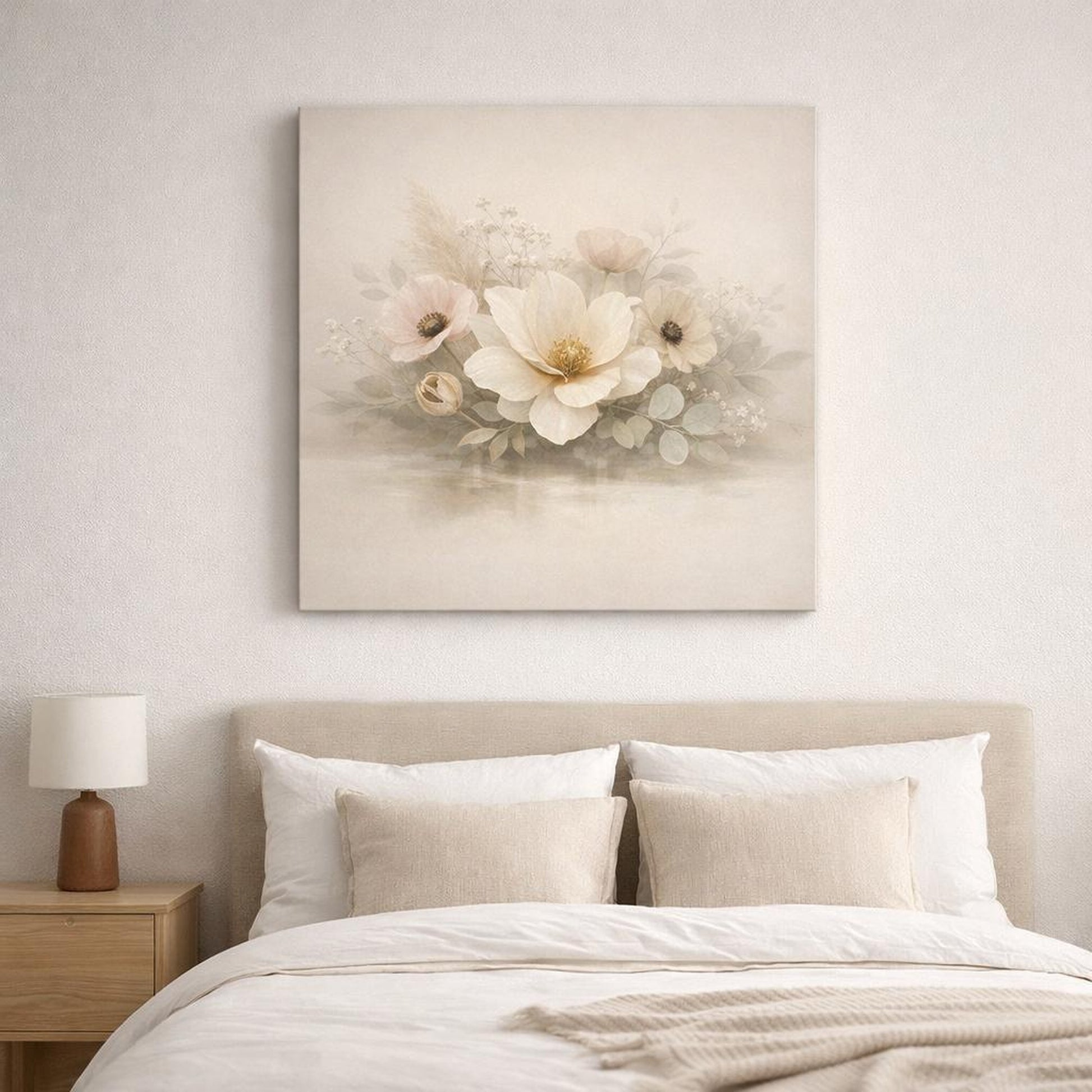 Modern Botanical Neutral shown as canvas wall art in a refined dining room