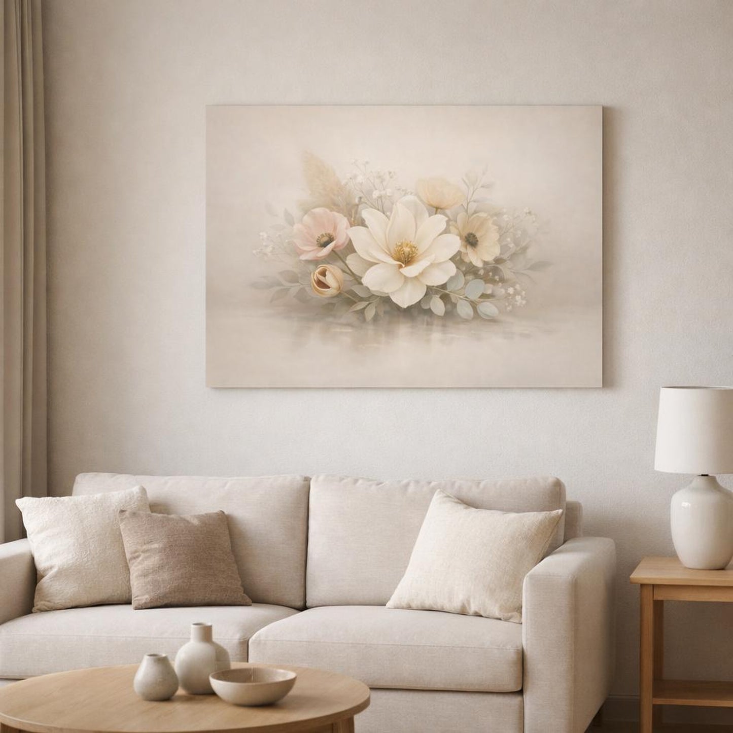 Modern Botanical Neutral shown as canvas wall art in a modern living room