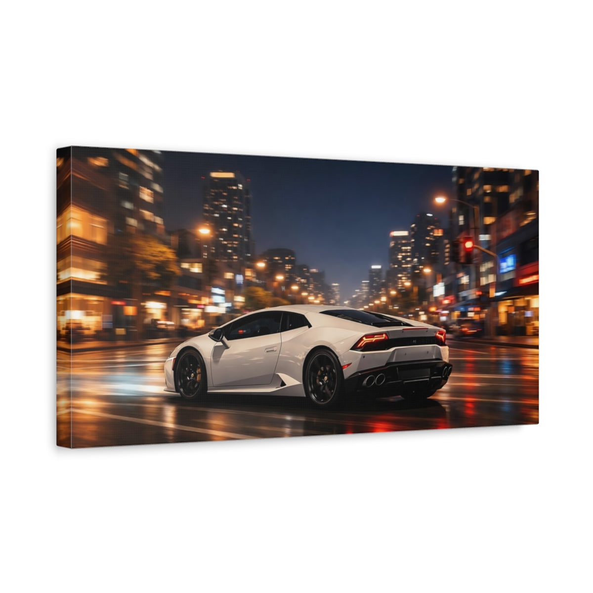 Side Mockup 3. Sports Sports Car White Sports Car shown as stretched canvas wall art
