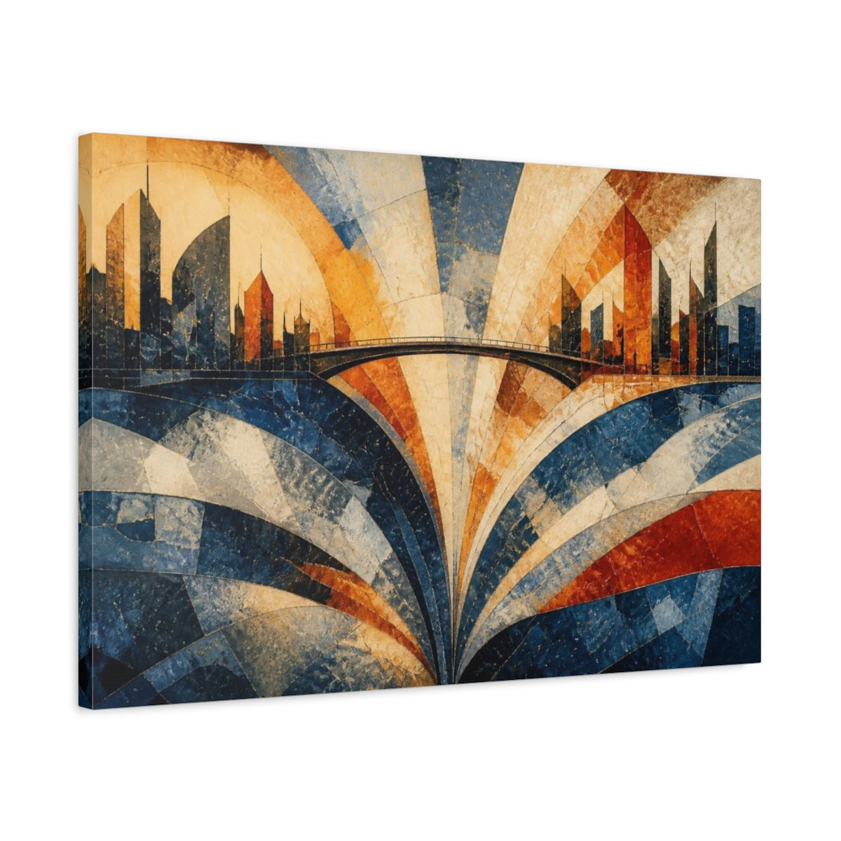 Side Mockup 2. Modern City Skyline Bridge shown as canvas print