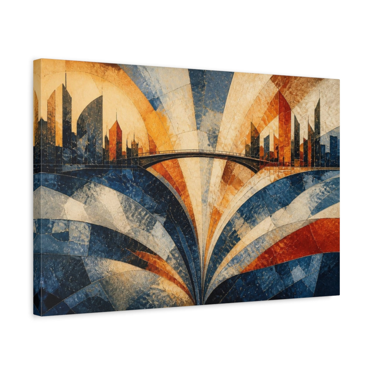 Side Mockup 3. Modern City Skyline Bridge shown as canvas print