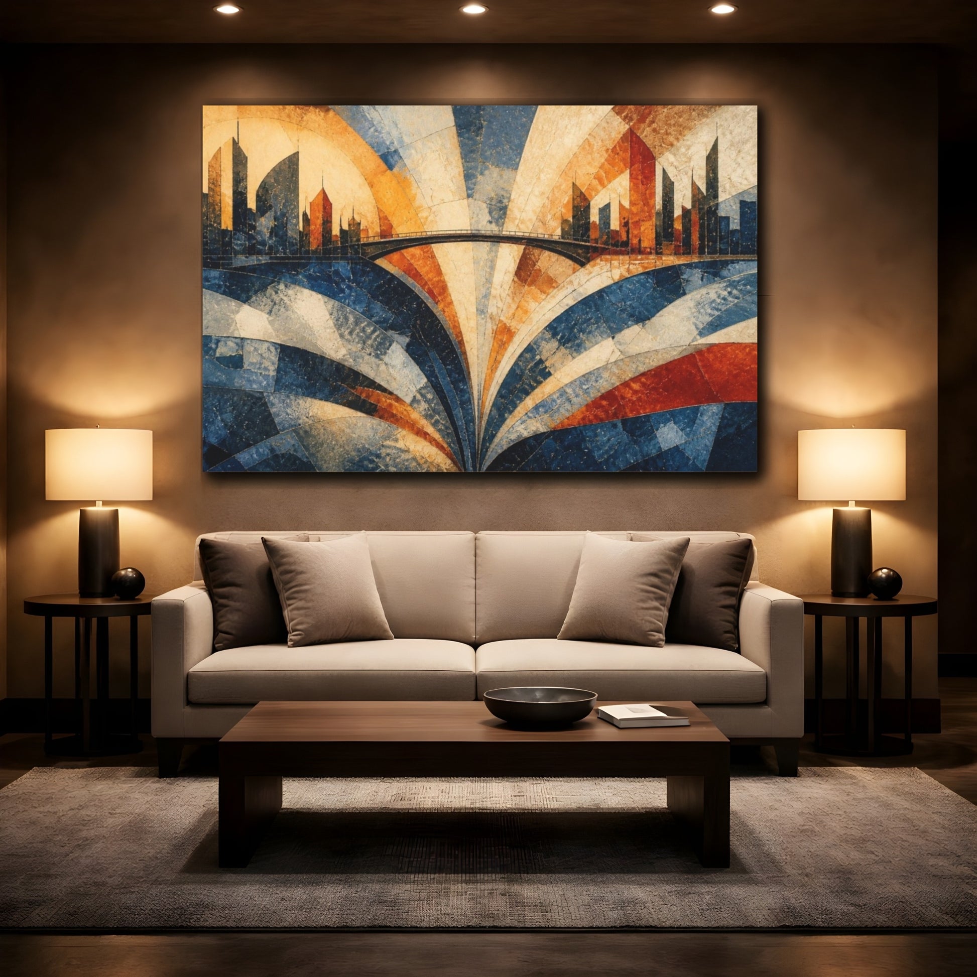 Mockup 2. Modern City Skyline Bridge shown as canvas print