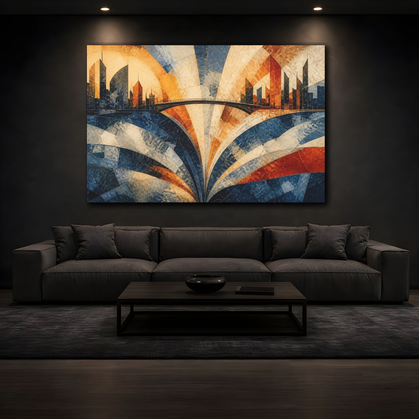 Mockup 3. Modern City Skyline Bridge shown as canvas print