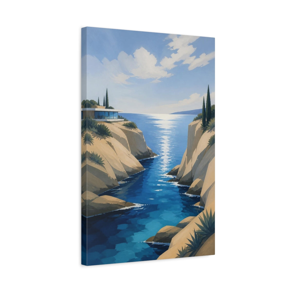 Side Mockup 3. Modern Coastal Inlet shown as canvas print