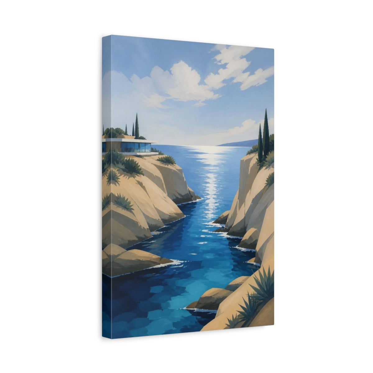 Side Mockup 4. Modern Coastal Inlet shown as canvas print