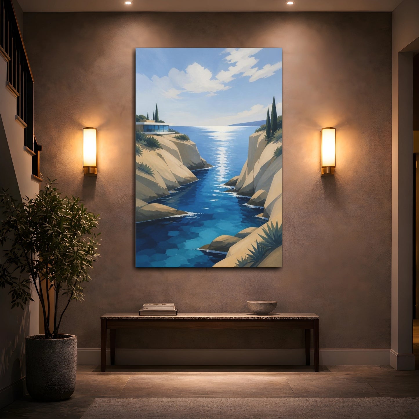 Mockup 2. Modern Coastal Inlet shown as canvas print