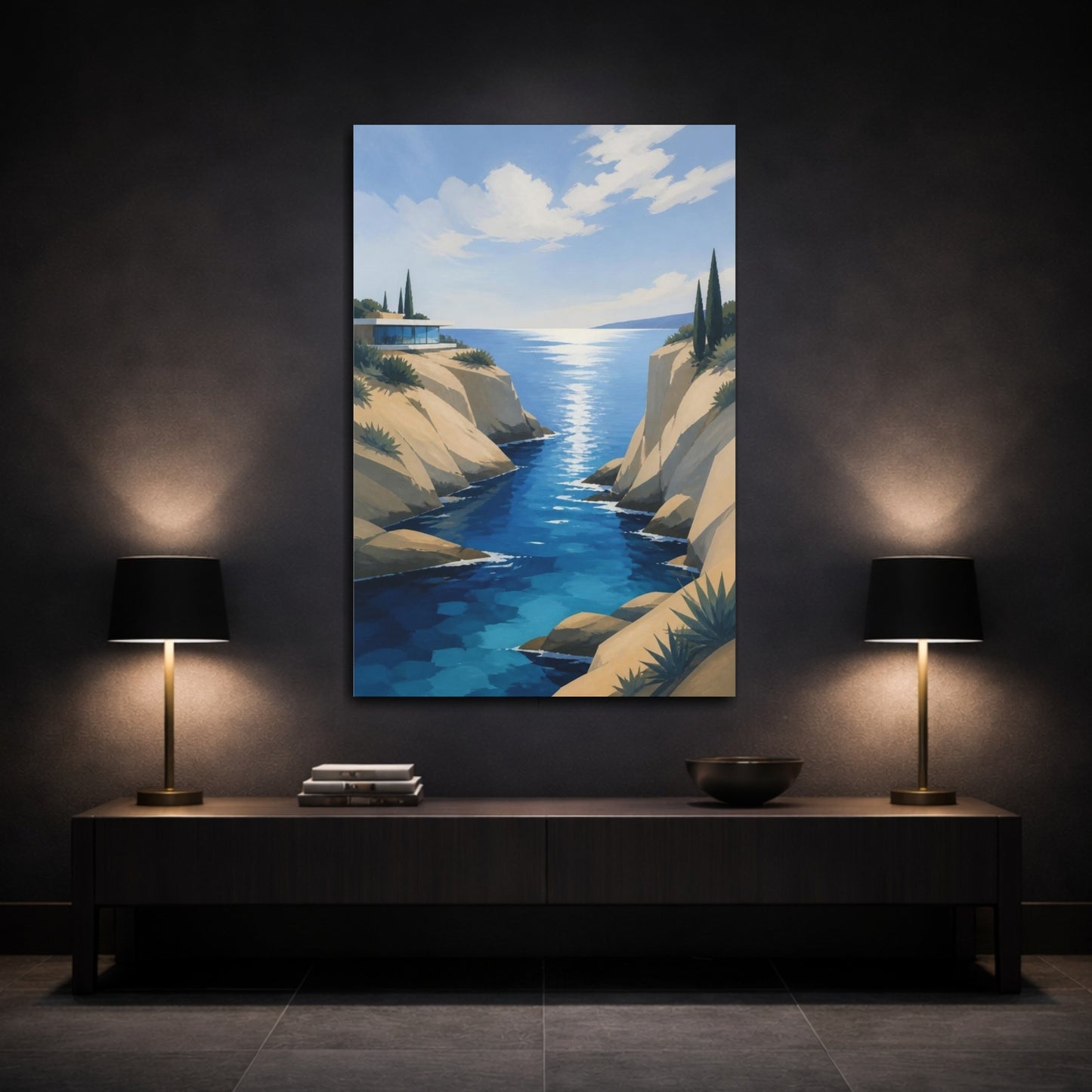 Mockup 3. Modern Coastal Inlet shown as canvas print