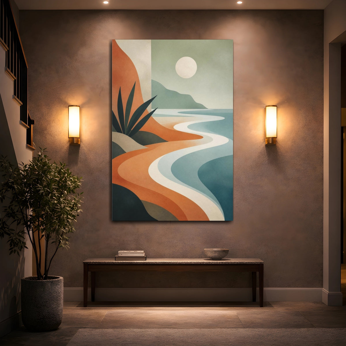 Mockup 2. Modern Coastline Curves shown as canvas print