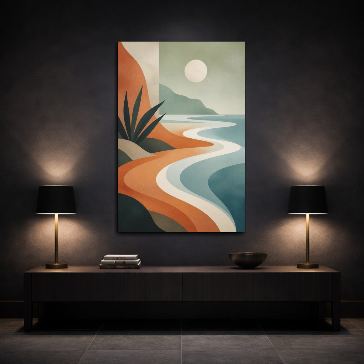 Mockup 3. Modern Coastline Curves shown as canvas print