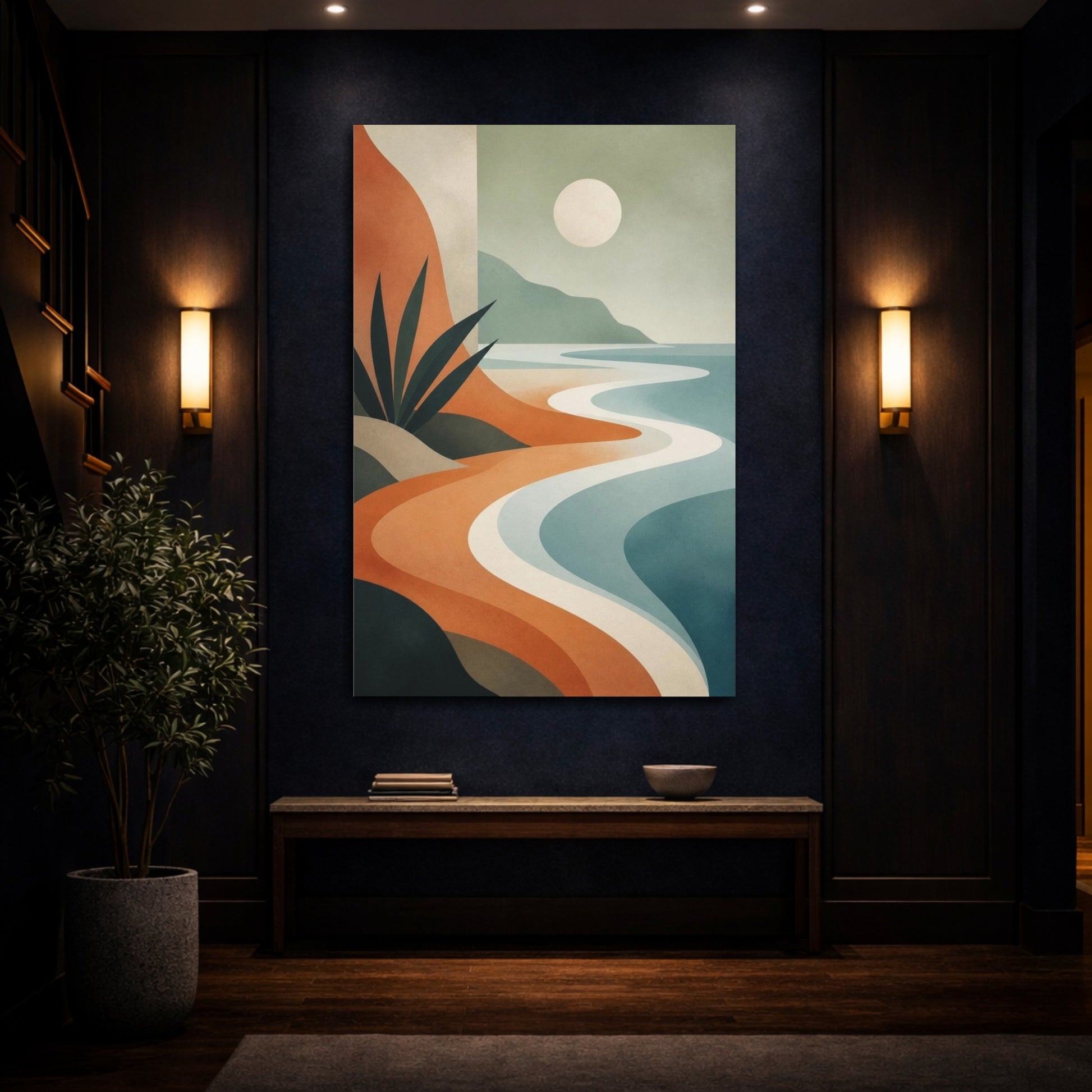 Mockup 4. Modern Coastline Curves shown as canvas print