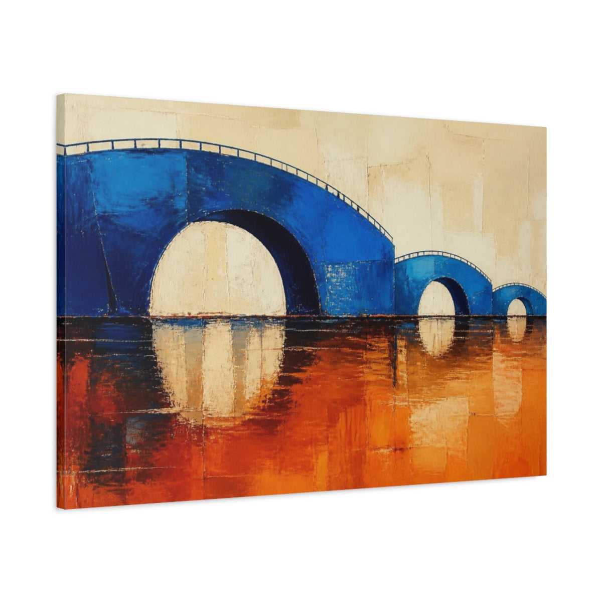 Main Mockup. Modern Cobalt Bridge Reflection shown as canvas print