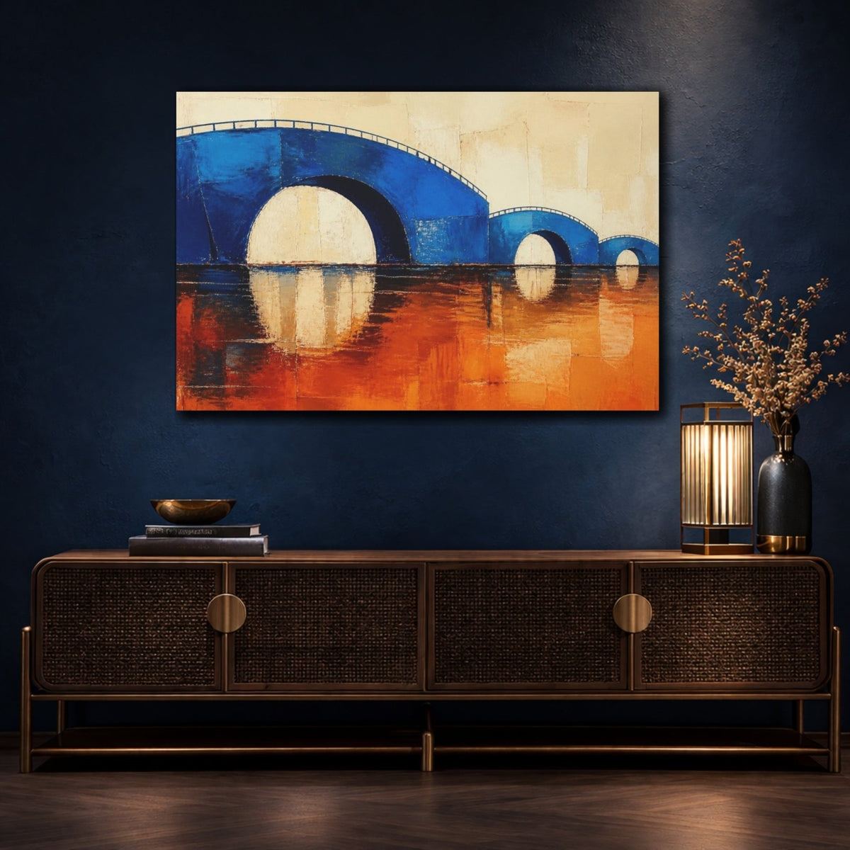 Modern Cobalt Bridge Reflection Canvas Print – Living Room, Above Console Table, Blue & Rust Orange - YesArtYes