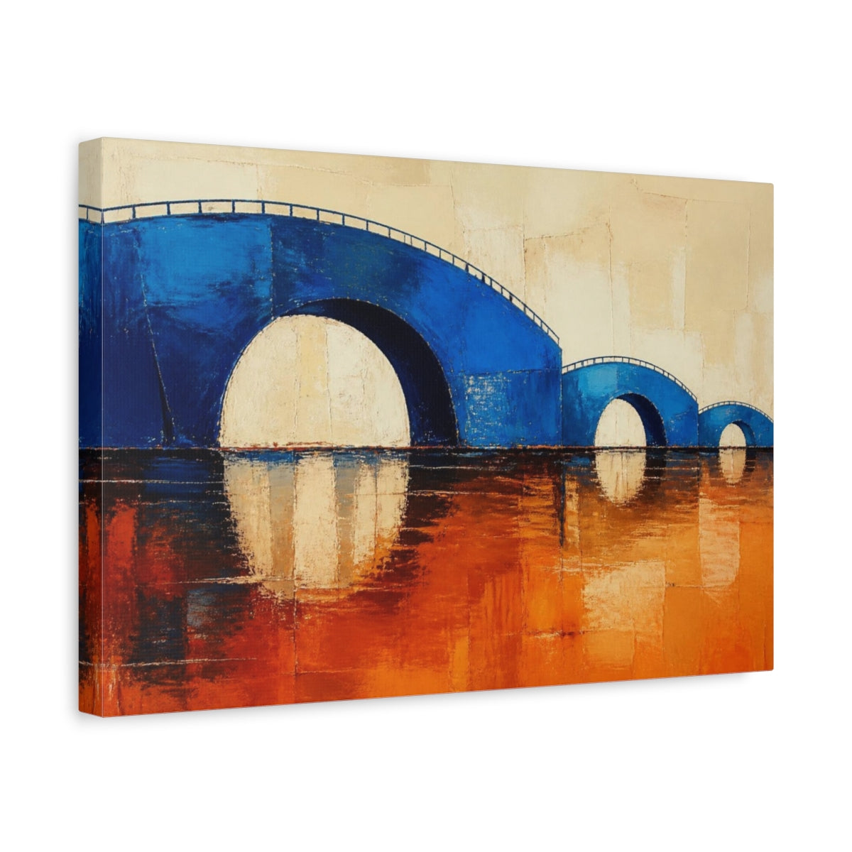 Side Mockup 4. Modern Cobalt Bridge Reflection shown as canvas print