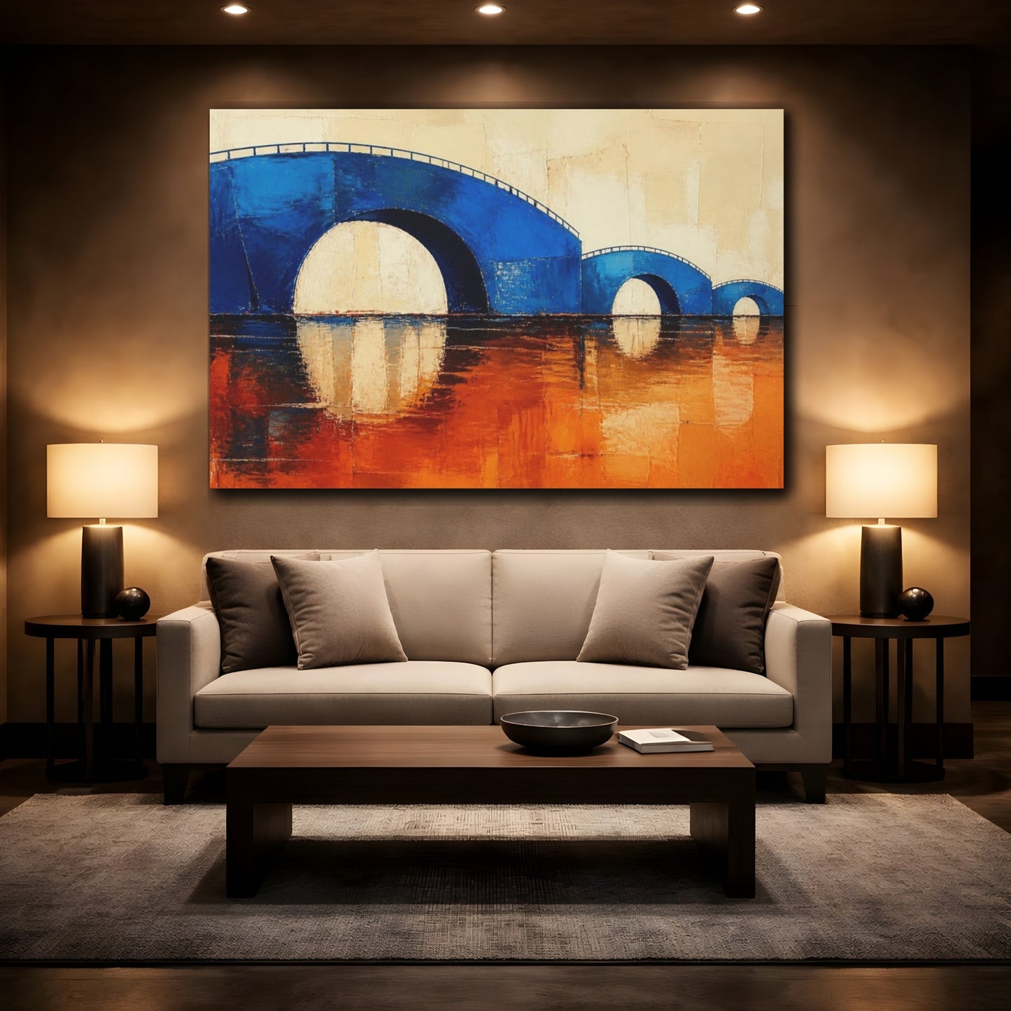 Mockup 2. Modern Cobalt Bridge Reflection shown as canvas print