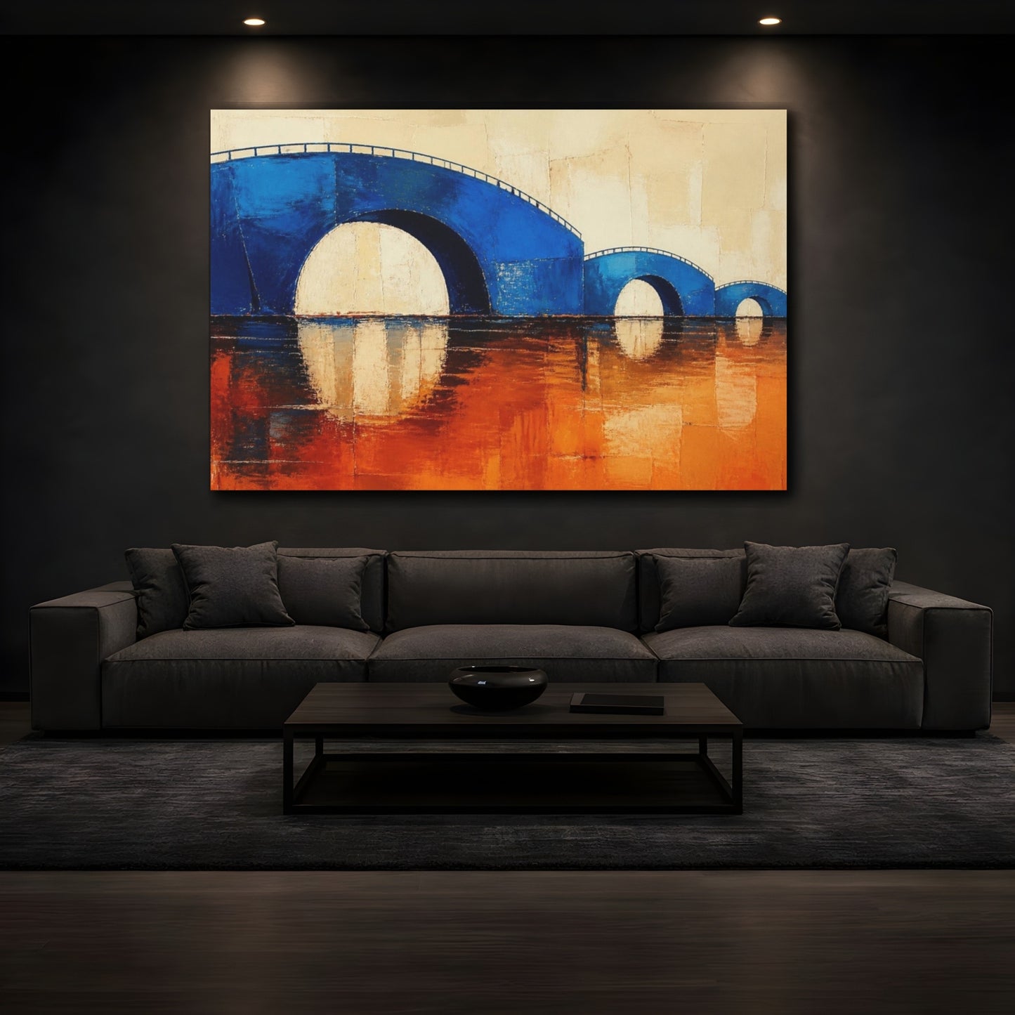 Mockup 3. Modern Cobalt Bridge Reflection shown as canvas print