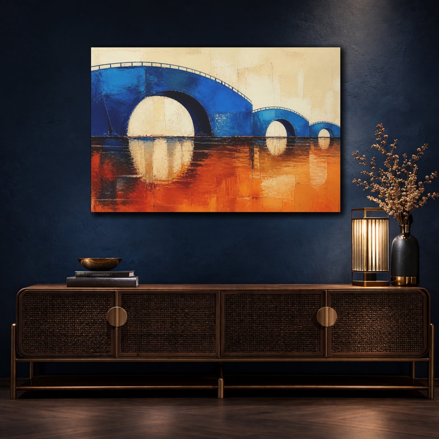 Mockup 4. Modern Cobalt Bridge Reflection shown as canvas print