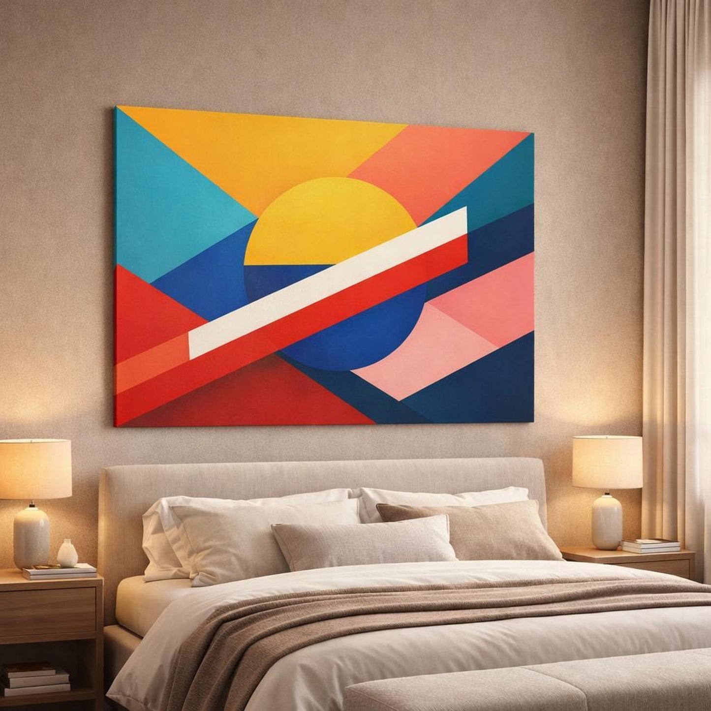 Modern Color Block Art shown as canvas wall art in a luxury bedroom