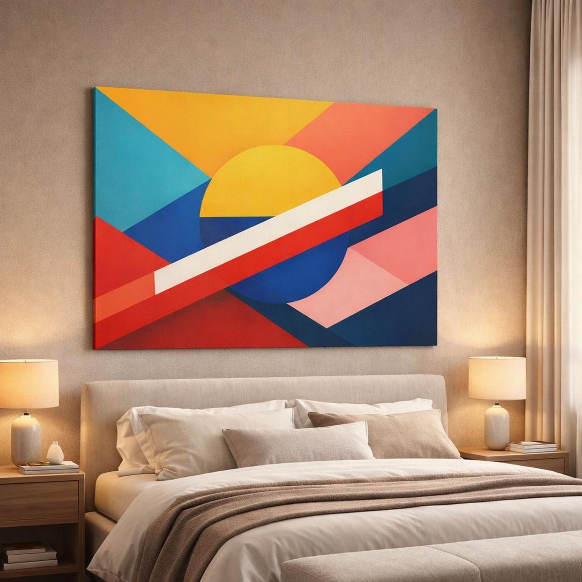 Modern Color Block Art shown as canvas wall art in a luxury bedroom