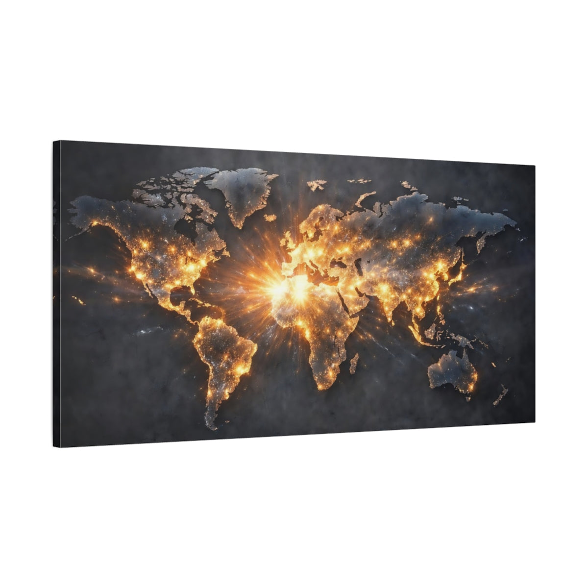 Side Mockup 1. Maps World Map Dark And Gold shown as stretched canvas wall art