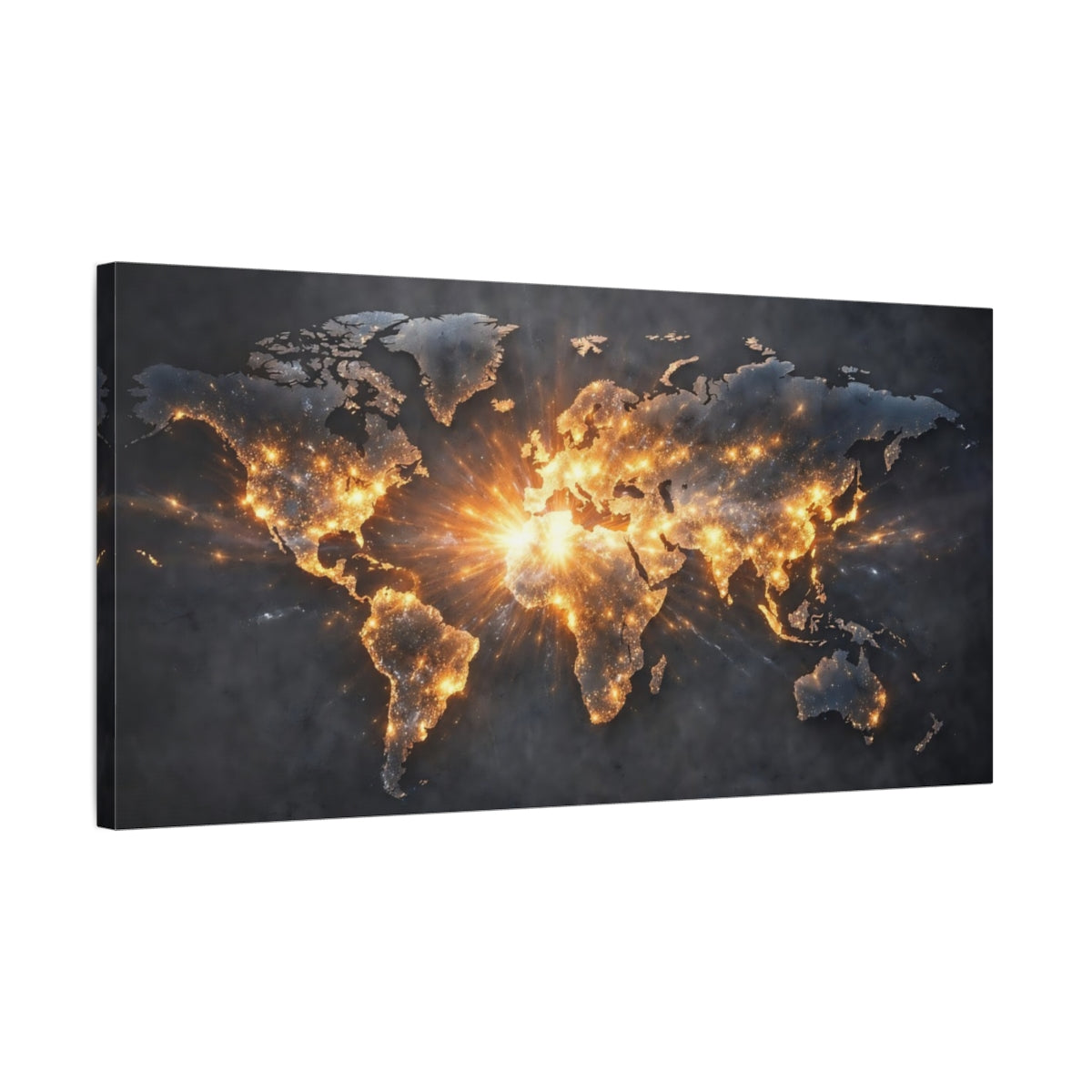 Side Mockup 2. Maps World Map Dark And Gold shown as stretched canvas wall art
