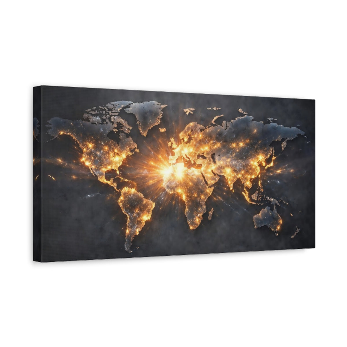 Side Mockup 3. Maps World Map Dark And Gold shown as stretched canvas wall art
