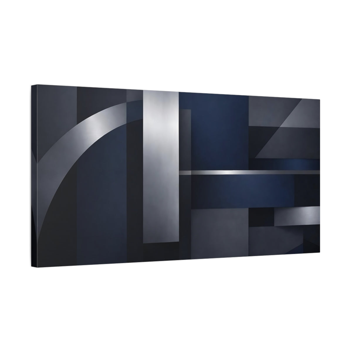 Side Mockup 2. Abstract Geometric Shapes Navy Blue Silver shown as stretched canvas wall art