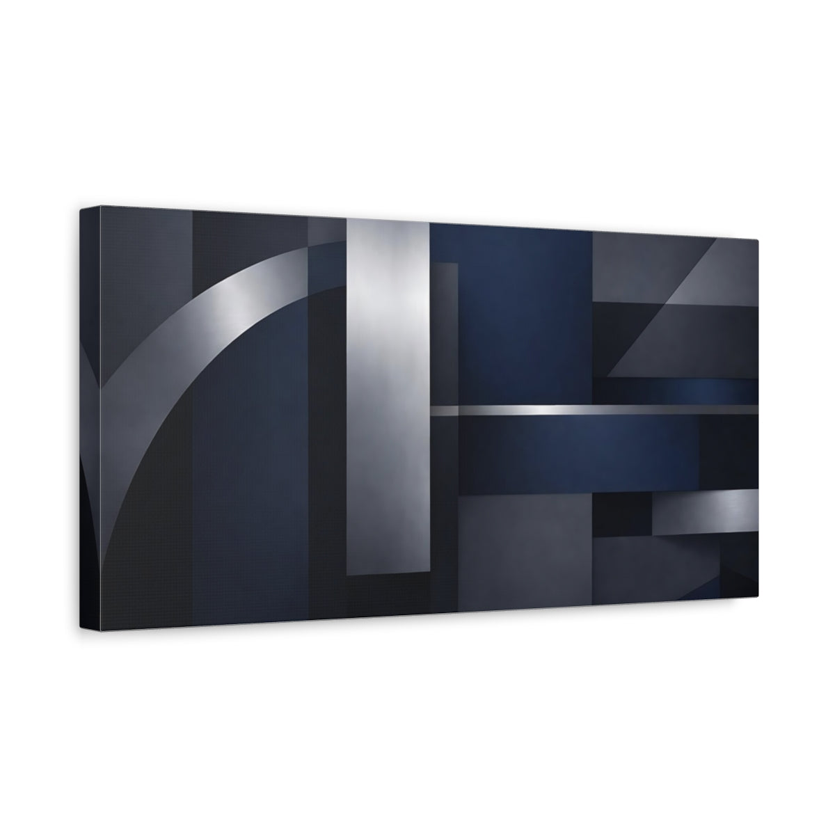 Side Mockup 3. Abstract Geometric Shapes Navy Blue Silver shown as stretched canvas wall art