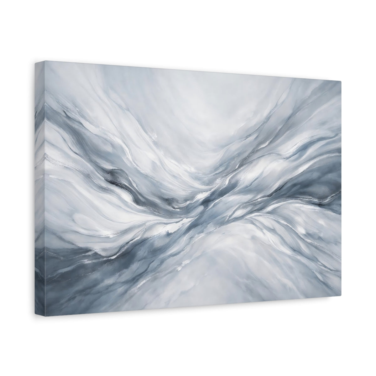Side Mockup 4. Abstract Abstract Waves Grey White Abstract shown as stretched canvas wall art