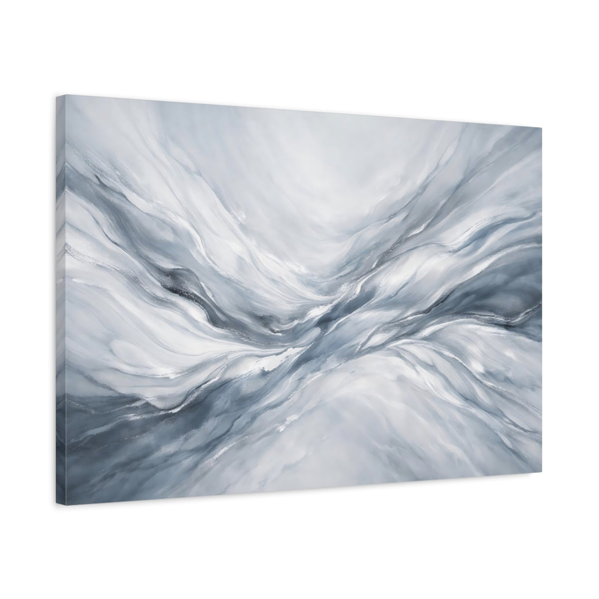 Side Mockup 2. Abstract Abstract Waves Grey White Abstract shown as stretched canvas wall art