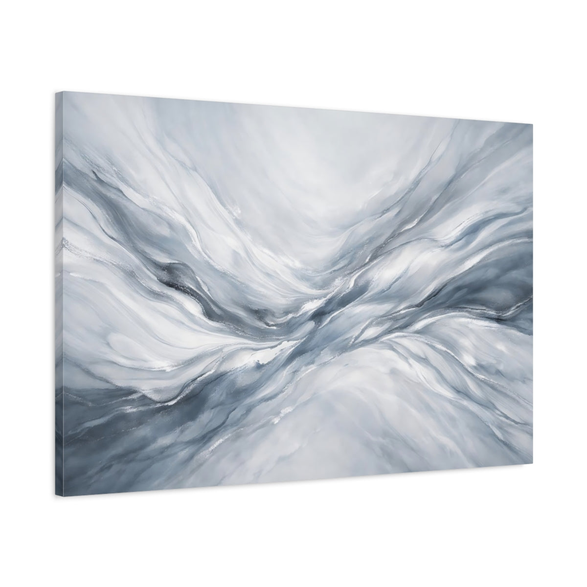 Side Mockup 1. Abstract Abstract Waves Grey White Abstract shown as stretched canvas wall art