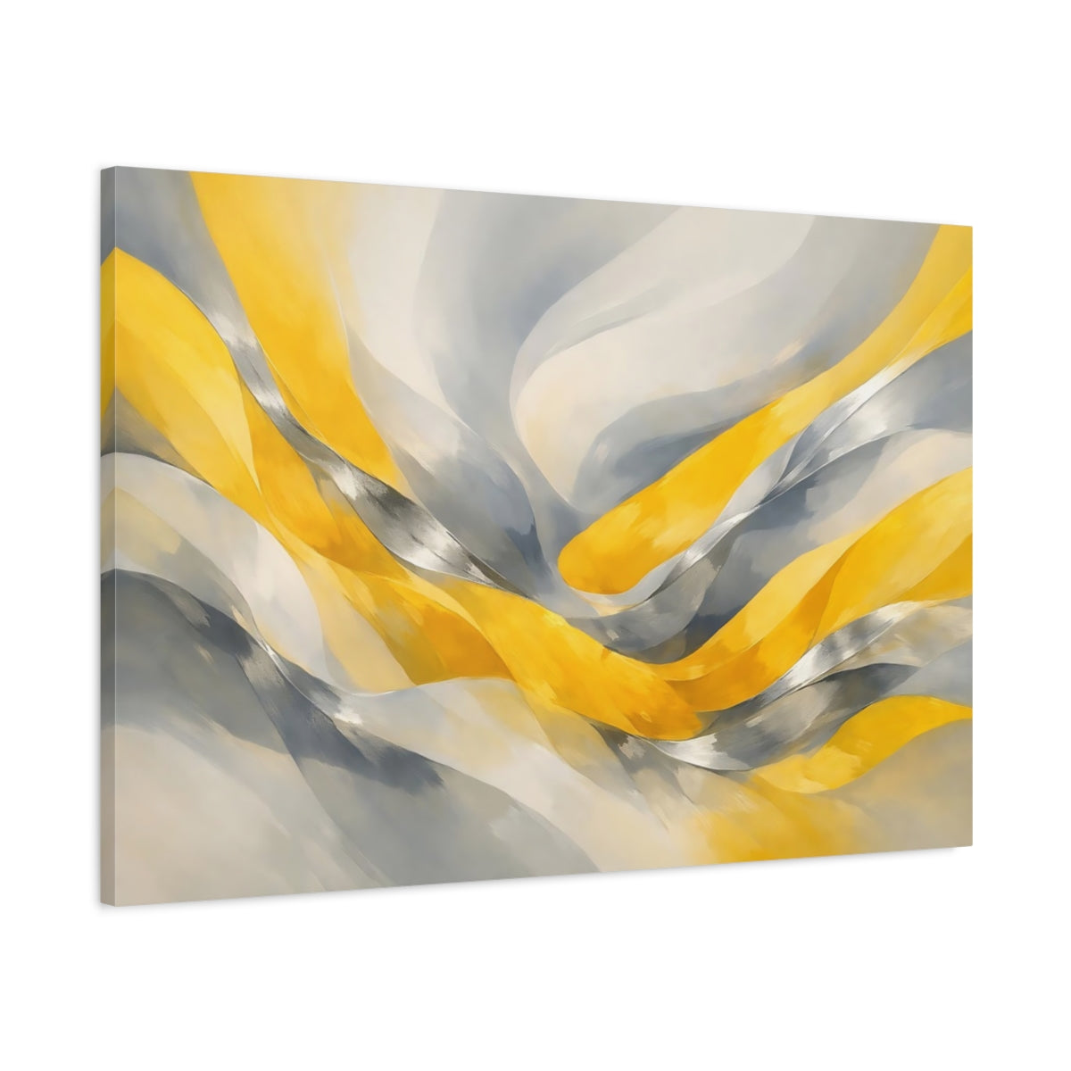 Side Mockup 1. Abstract Abstract Waves Yellow And Grey shown as stretched canvas wall art