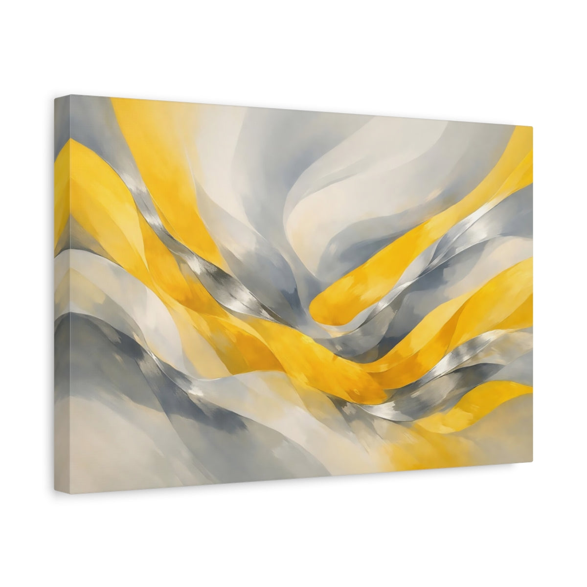 Side Mockup 4. Abstract Abstract Waves Yellow And Grey shown as stretched canvas wall art