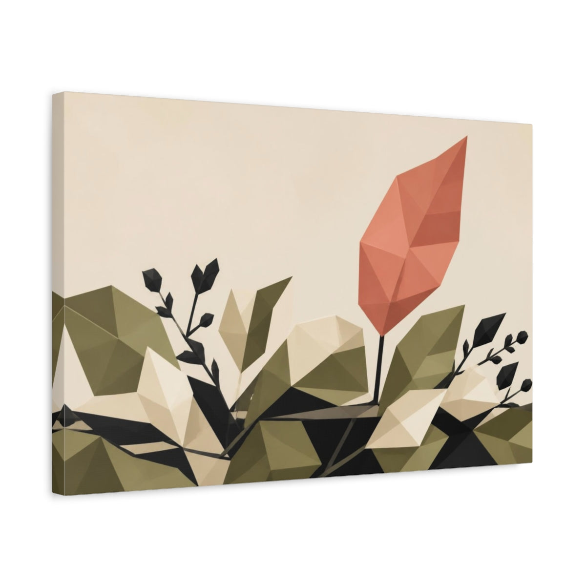 Side Mockup 3. Modern Coral Leaf shown as canvas print