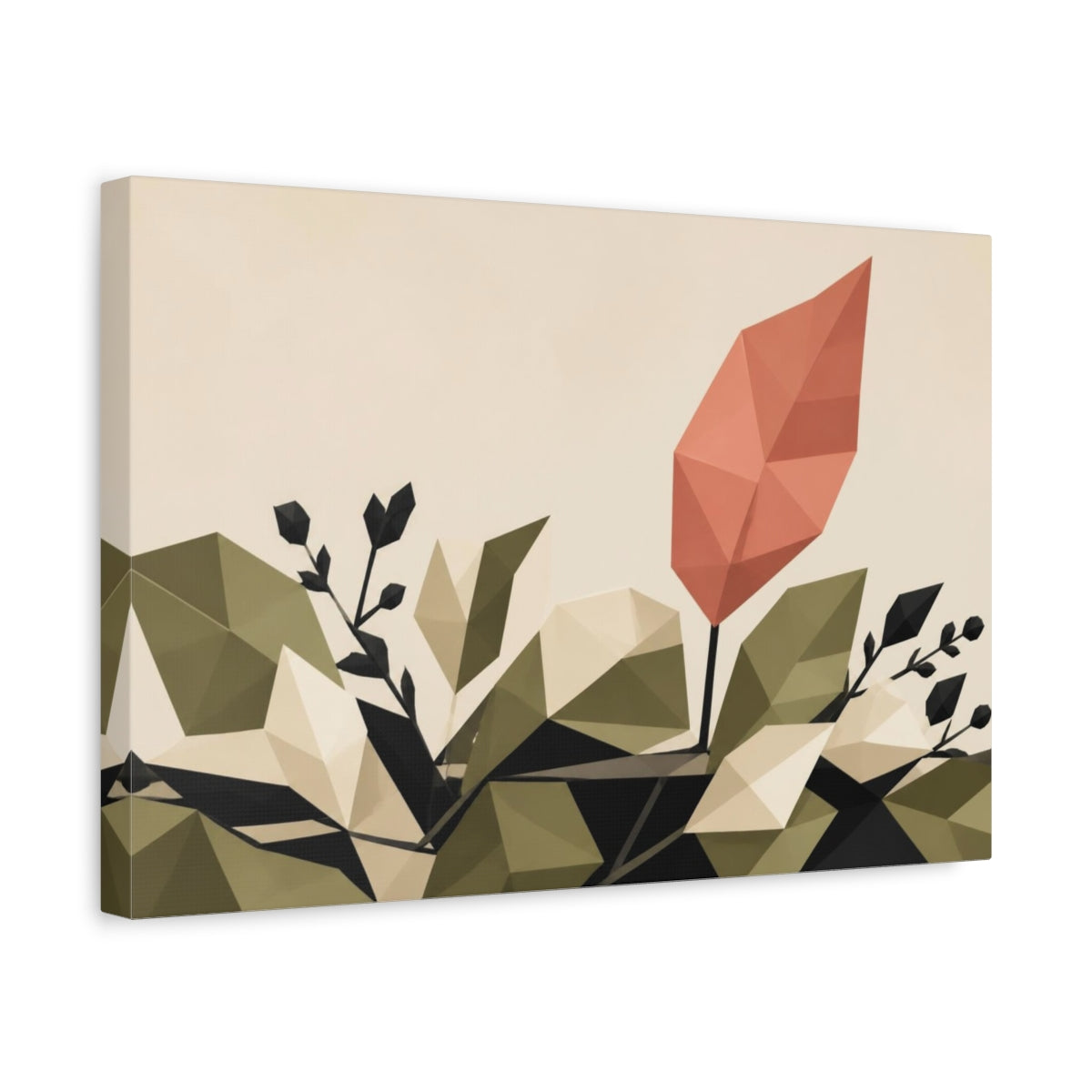 Side Mockup 4. Modern Coral Leaf shown as canvas print