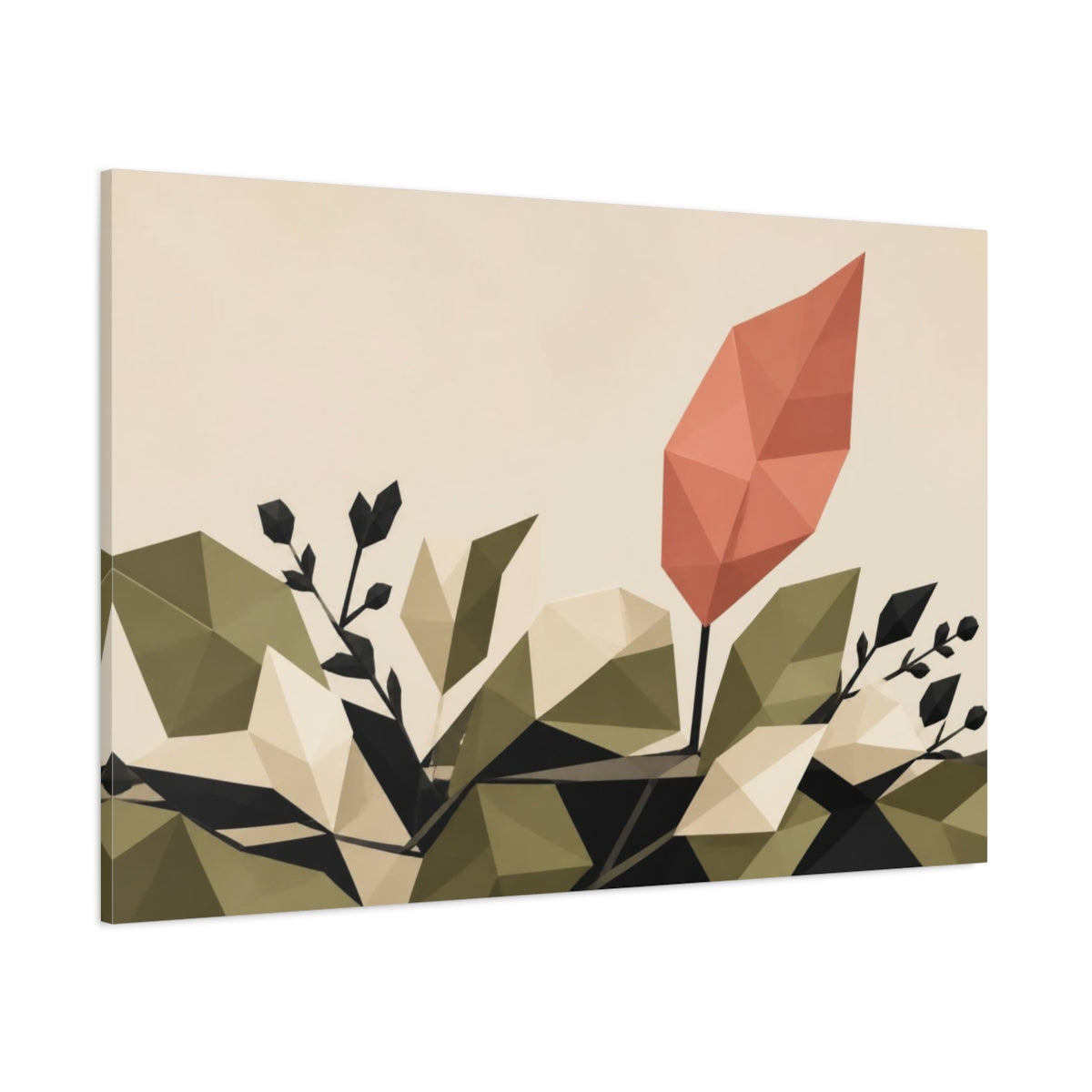 Side Mockup 1. Modern Coral Leaf shown as canvas print