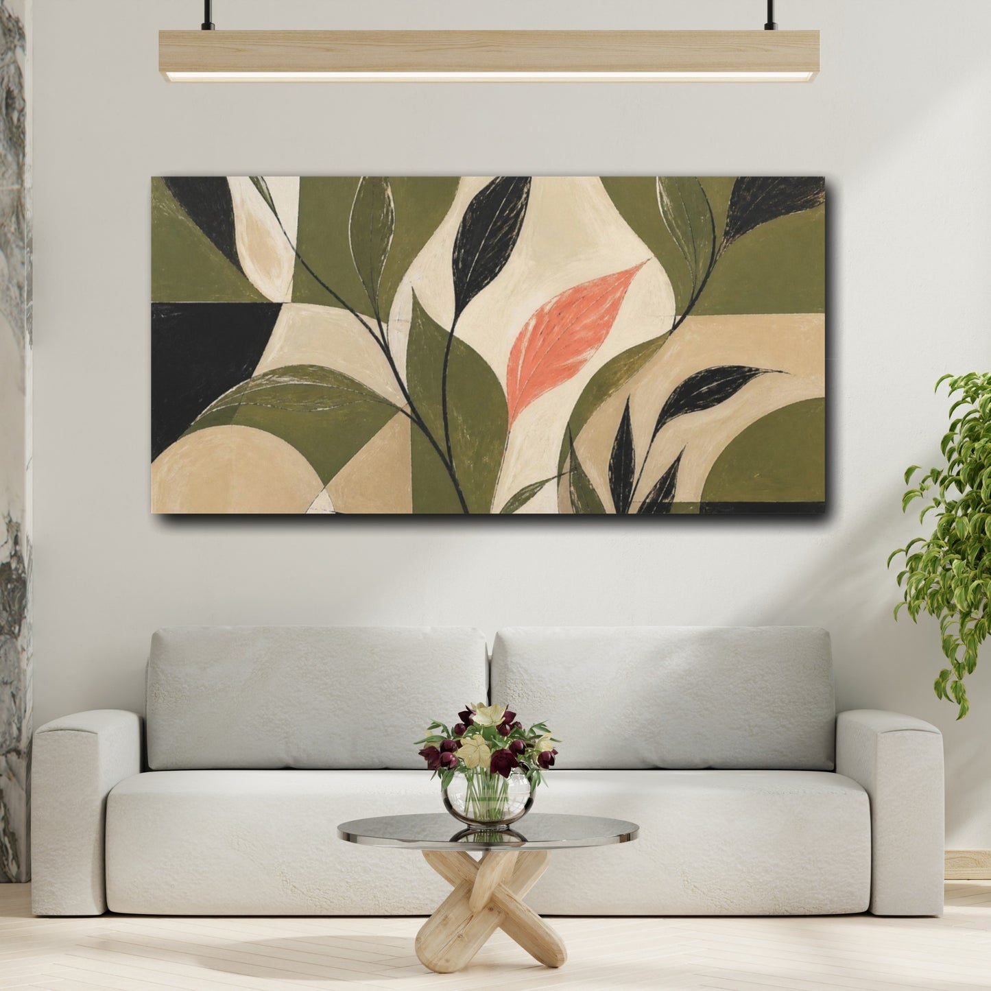 Mockup 2. Modern Coral Leaf shown as canvas print