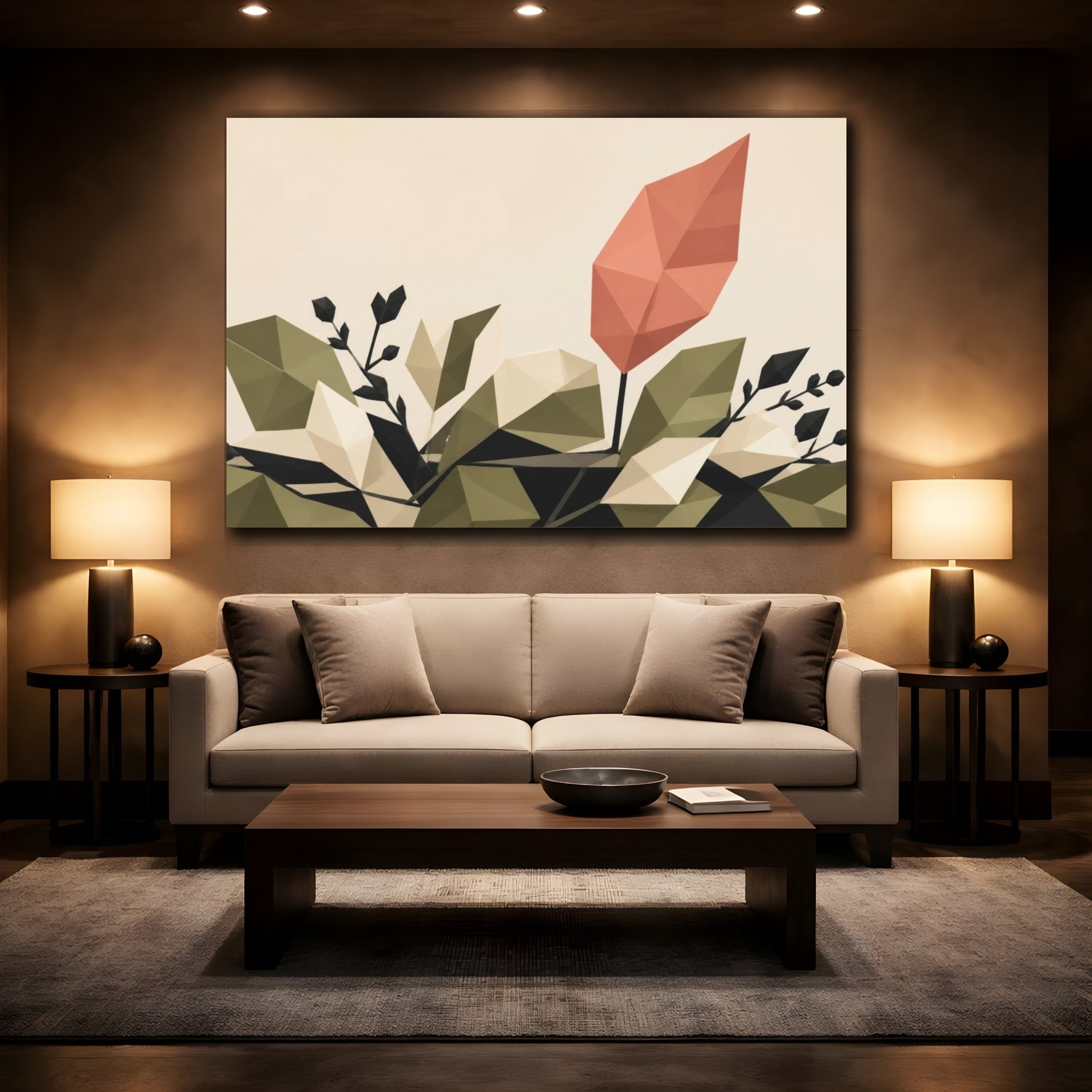 Mockup 2. Modern Coral Leaf shown as canvas print