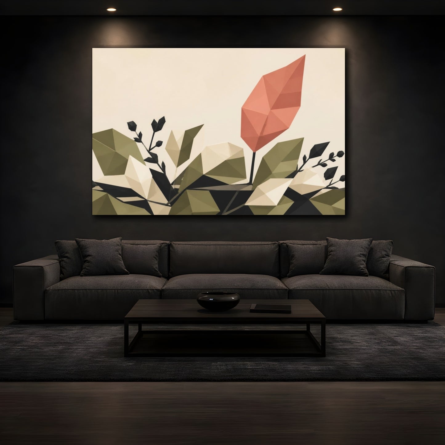 Mockup 3. Modern Coral Leaf shown as canvas print